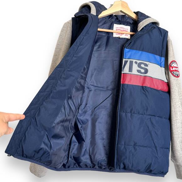 Levi’s Spell Out Logo Full Zip Blue and Gray Puffer Vest Hoodie Boys Size L - Picture 6 of 9